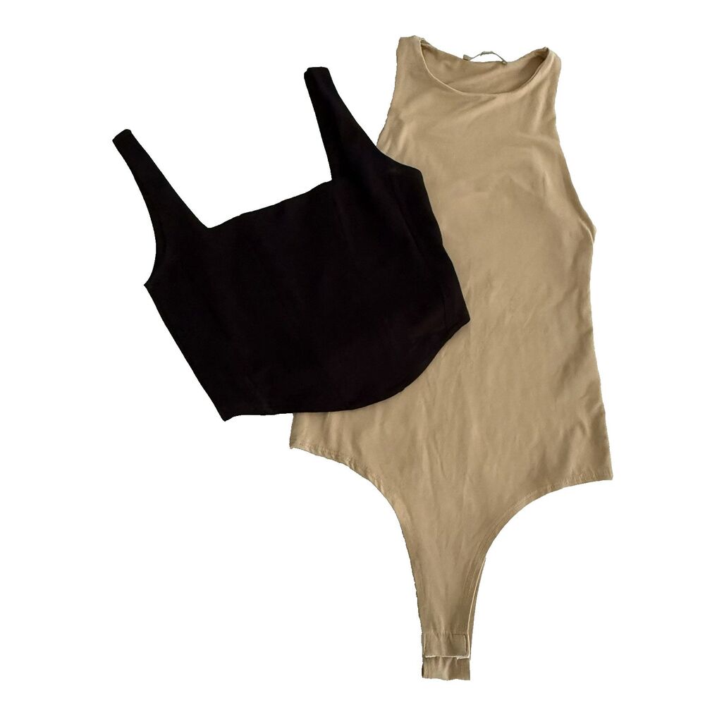 Gaze Tan Beige Thong Bodysuit & MM MM Black Corset Top Bundle Essentials XS